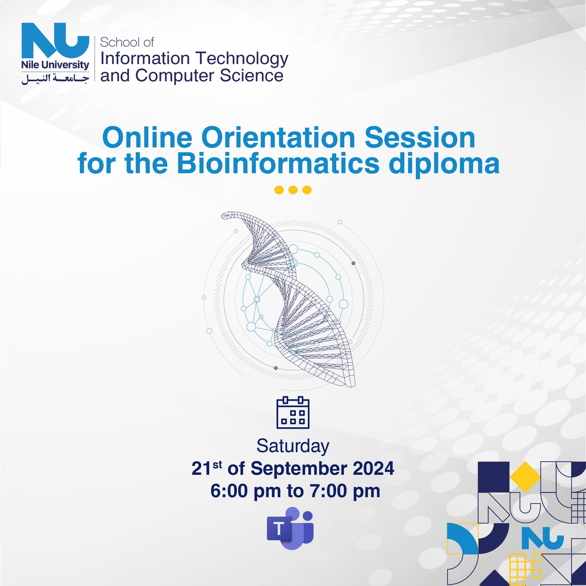 Are you ready to integrate biology with information technology? Nile University offers a Professional Diploma in Bioinformatics, designed to equip you with the skills to understand, analyze and interpret high throughput technologies using computational and artificial intelligence approaches. Join us for our Online Orientation Session to learn more about this exciting program, where you will gain hands-on experience with cutting-edge techniques in genomics, proteomics, transcriptomics and more. Discover how 